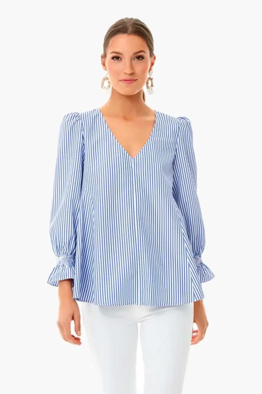 TUCKERNUCK Preppy Nautical Stripes Puff Sleeve Summer Beachy V-Neck Blouse